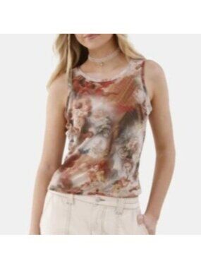 No Boundaries Angel Print Sleeveless Tank Top Shirt Womens Large Brown New